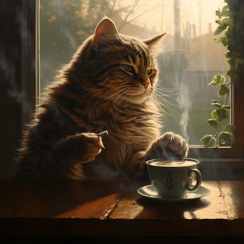 Cat drinking coffee in morning