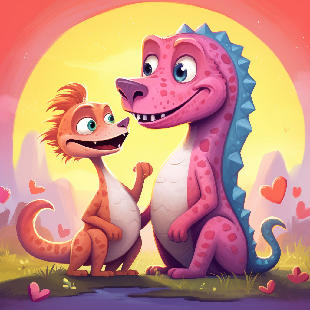 Cat and dinosaur in heartwarming hug