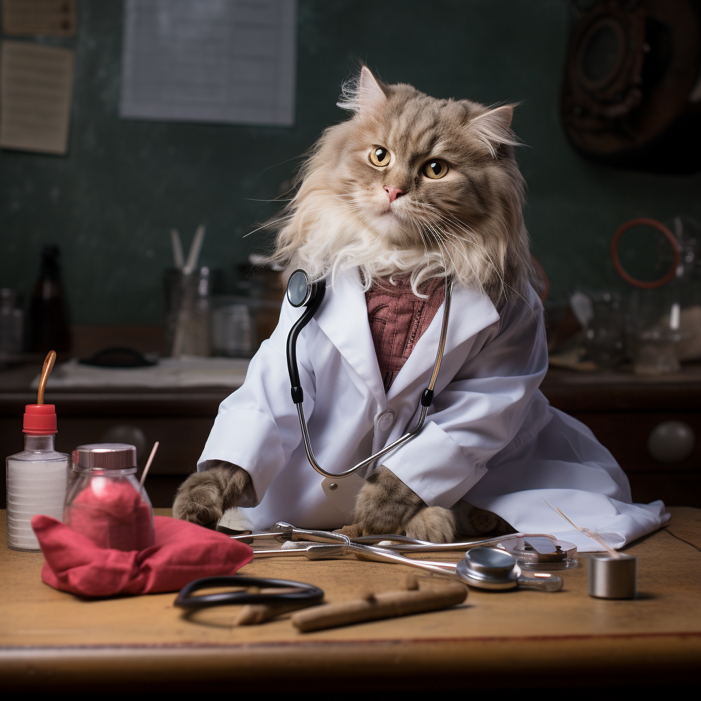 Playful cat in doctor costume