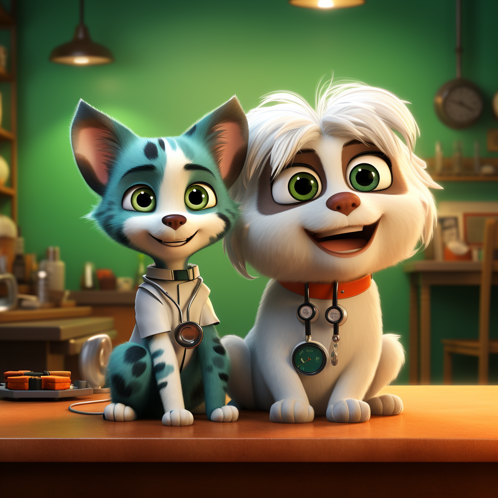 Pixar style cat and dog doctor