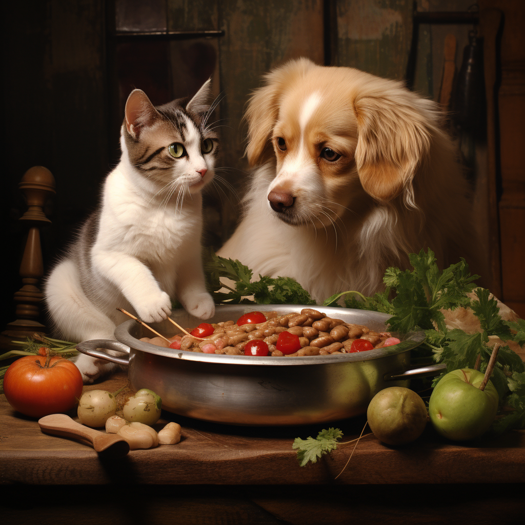 Cat and dog sharing meal