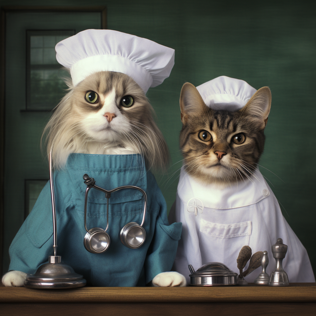 Cute cat and dog in nurse and doctor uniforms