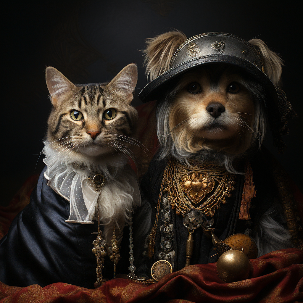 Cat and dog in a Renaissance-style portrait