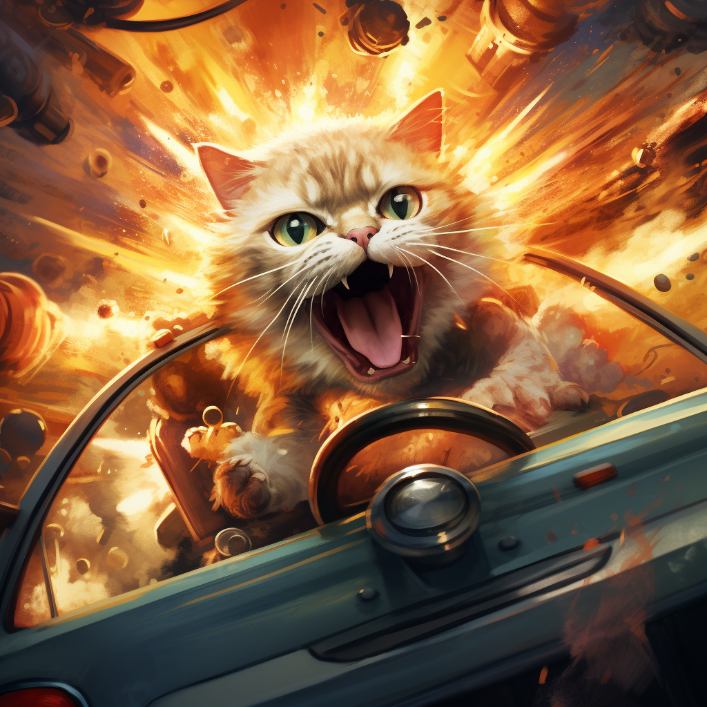 Cunning cat behind the wheel of explosive getaway car