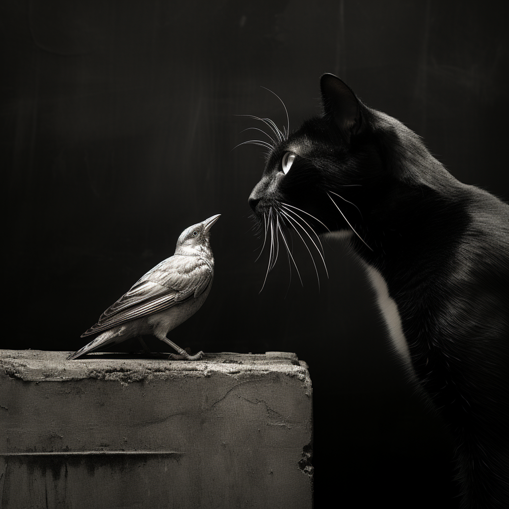 Cat eating bird in black and white