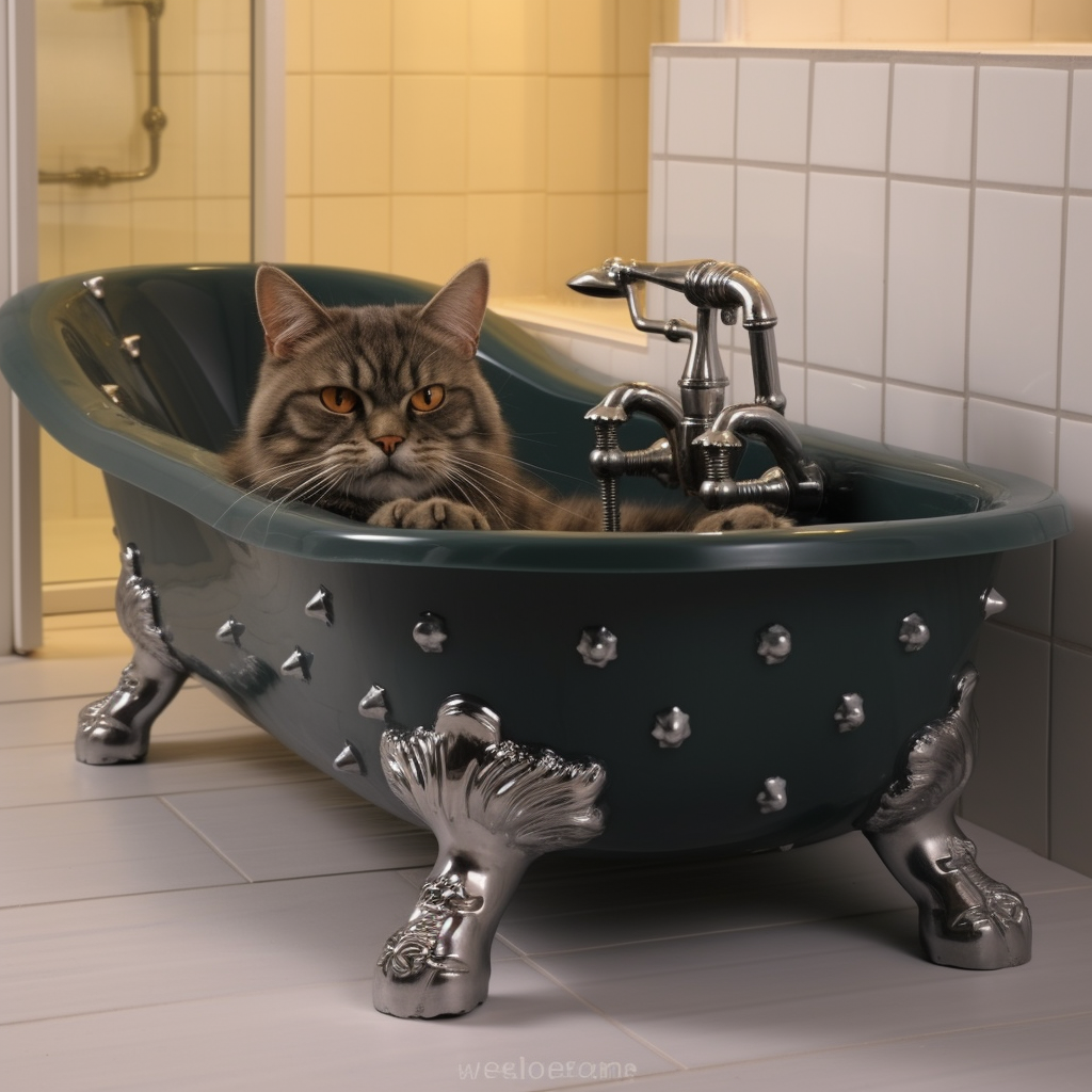 Adorable cat soaking its foot in a bathtub