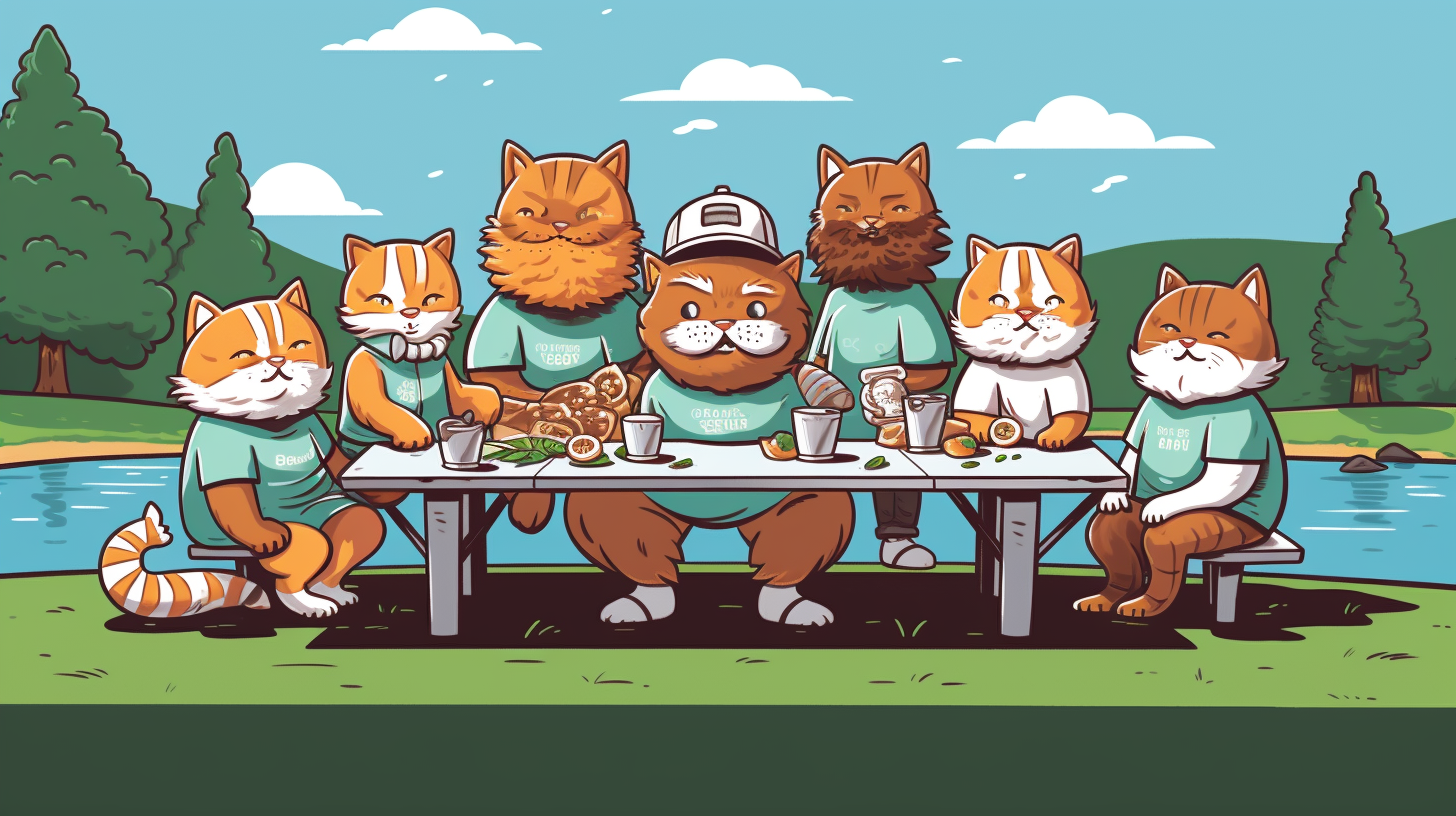 Cat friends at picnic table enjoying food