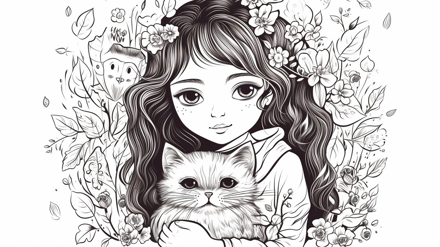 Illustration of girl holding cat in colorbook