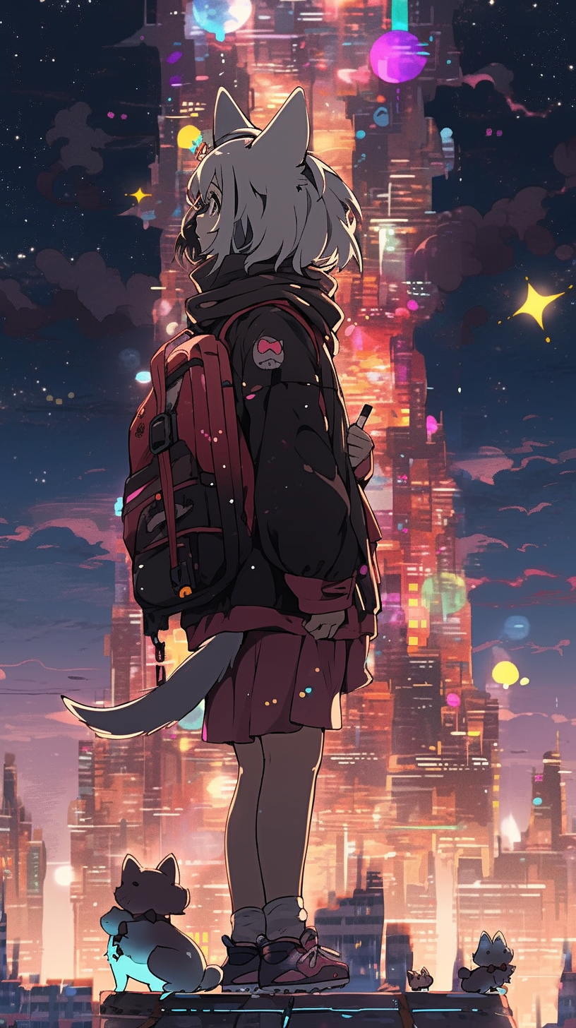 Cat girl wearing headphones on platform with high-rise buildings and meteors