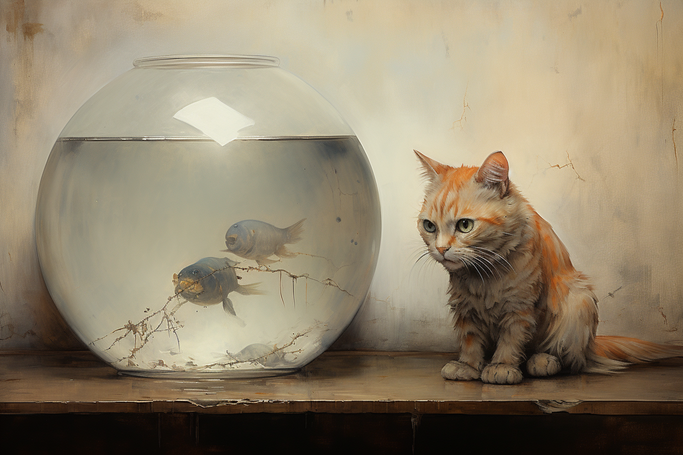 Cat watching goldfish in bowl painting