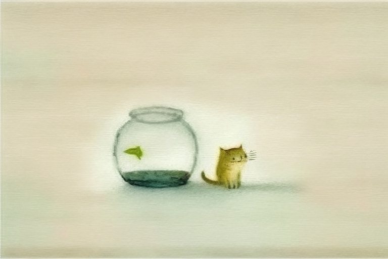 Minimalist watercolor painting of cat and goldfish bowl