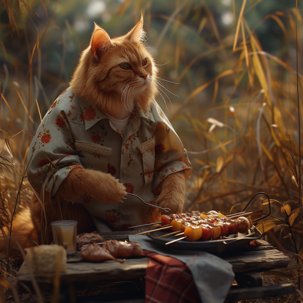 Cat Grilling Kebab in Nature