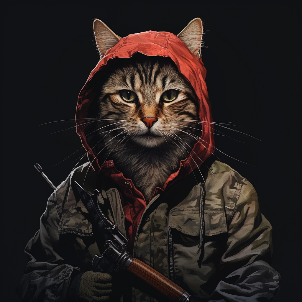 Cat holding knife in urban war camouflage