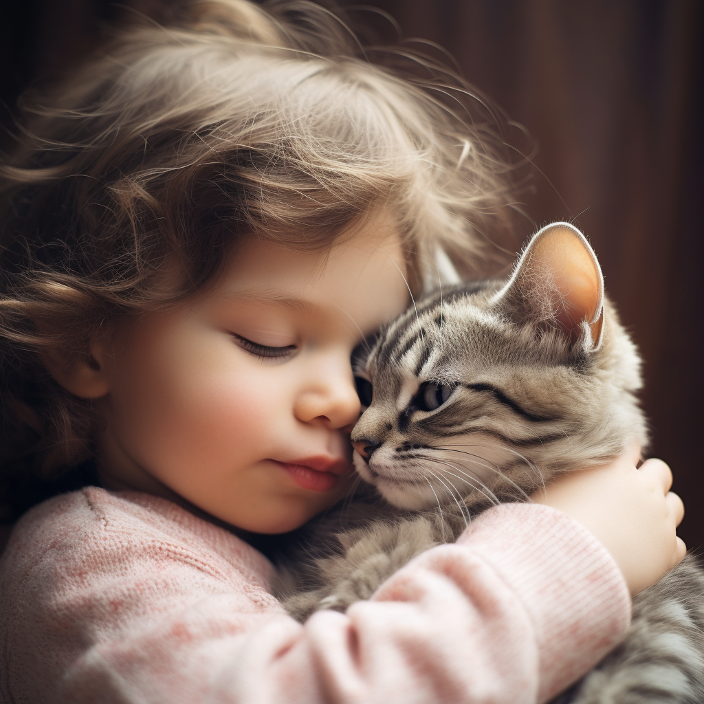 Cat hugging adorable little baby