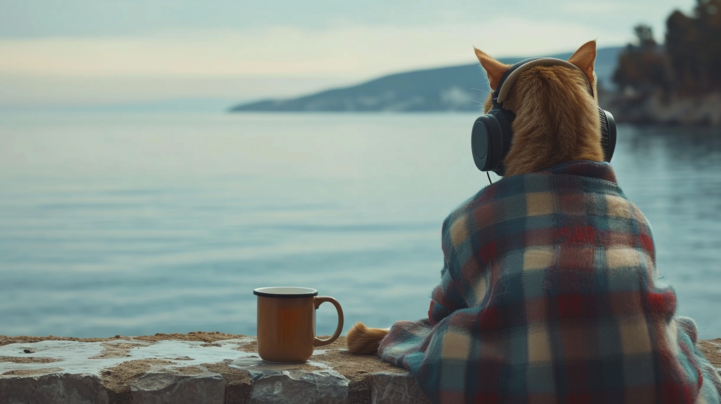 Cat wearing casual clothes and headphones by the sea