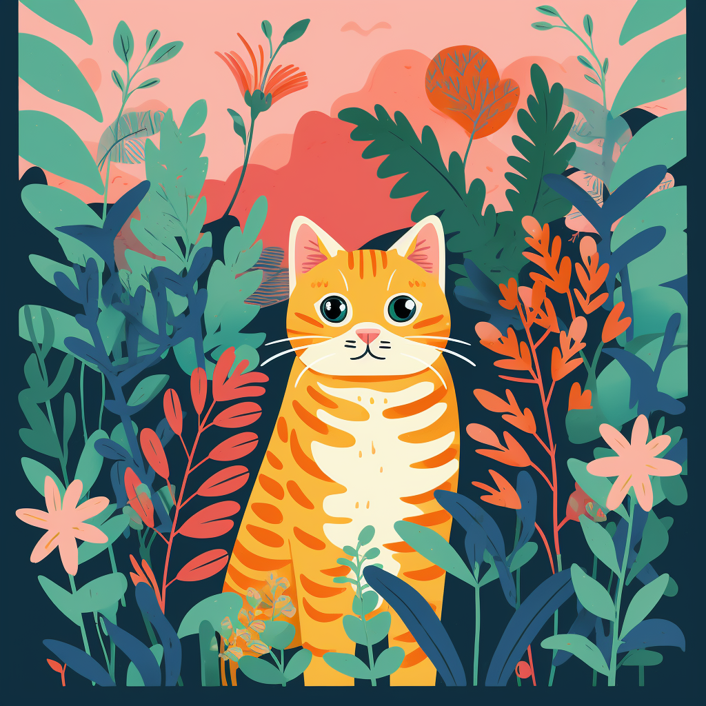 Cat in jungle botanical illustration