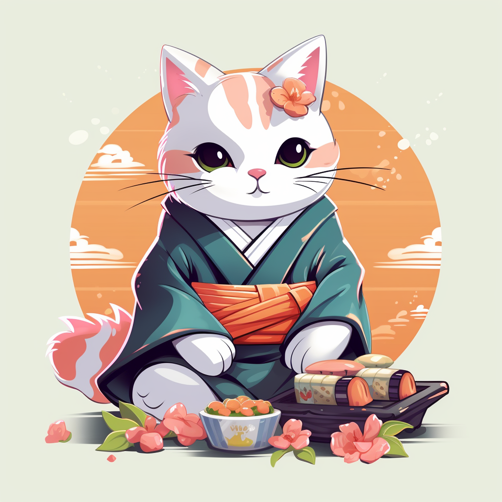 Cat in Kimono with Sushi Cartoon