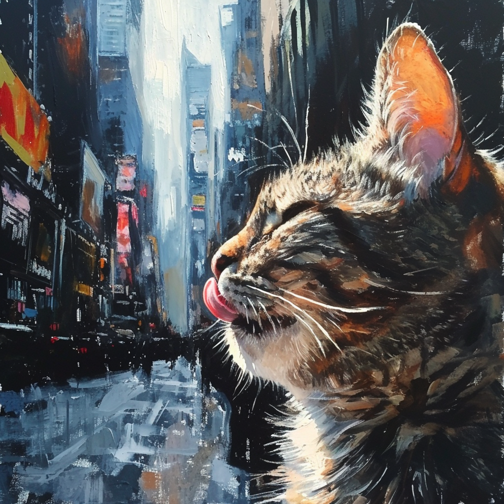 Cat grooming itself in Times Square