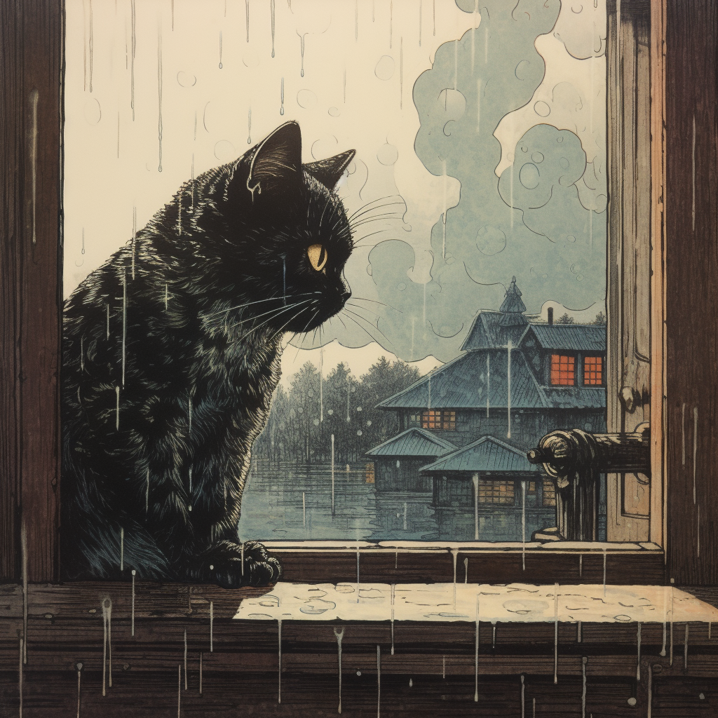 Cat looking out a window in Japanese woodblock print