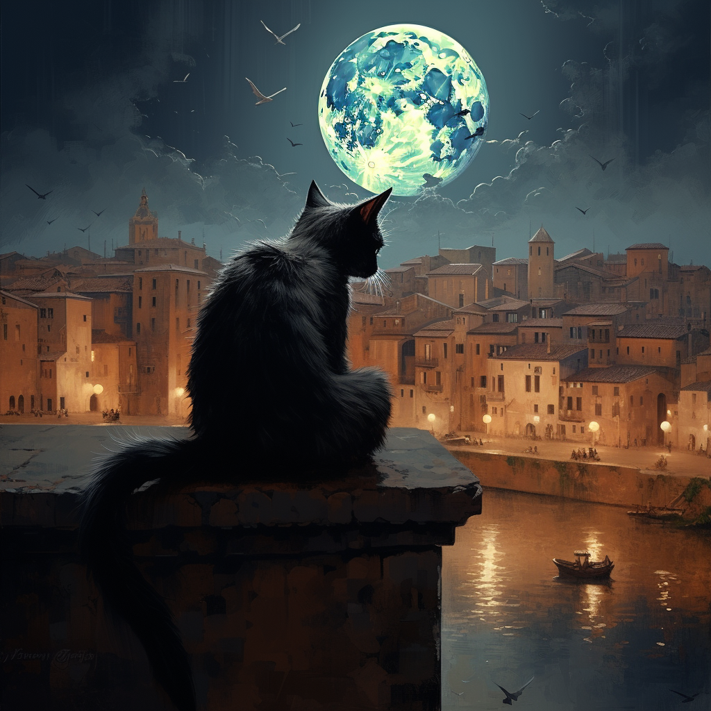 Beautiful cat sitting under the moon in Italy