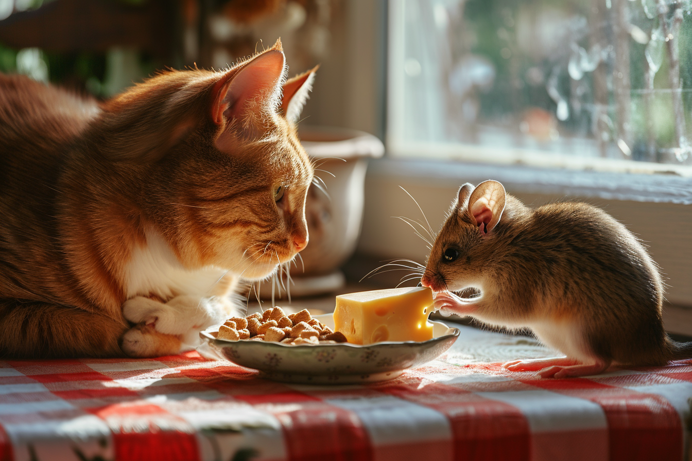 Cat and Mouse Eating Cheese on Kitchen Table