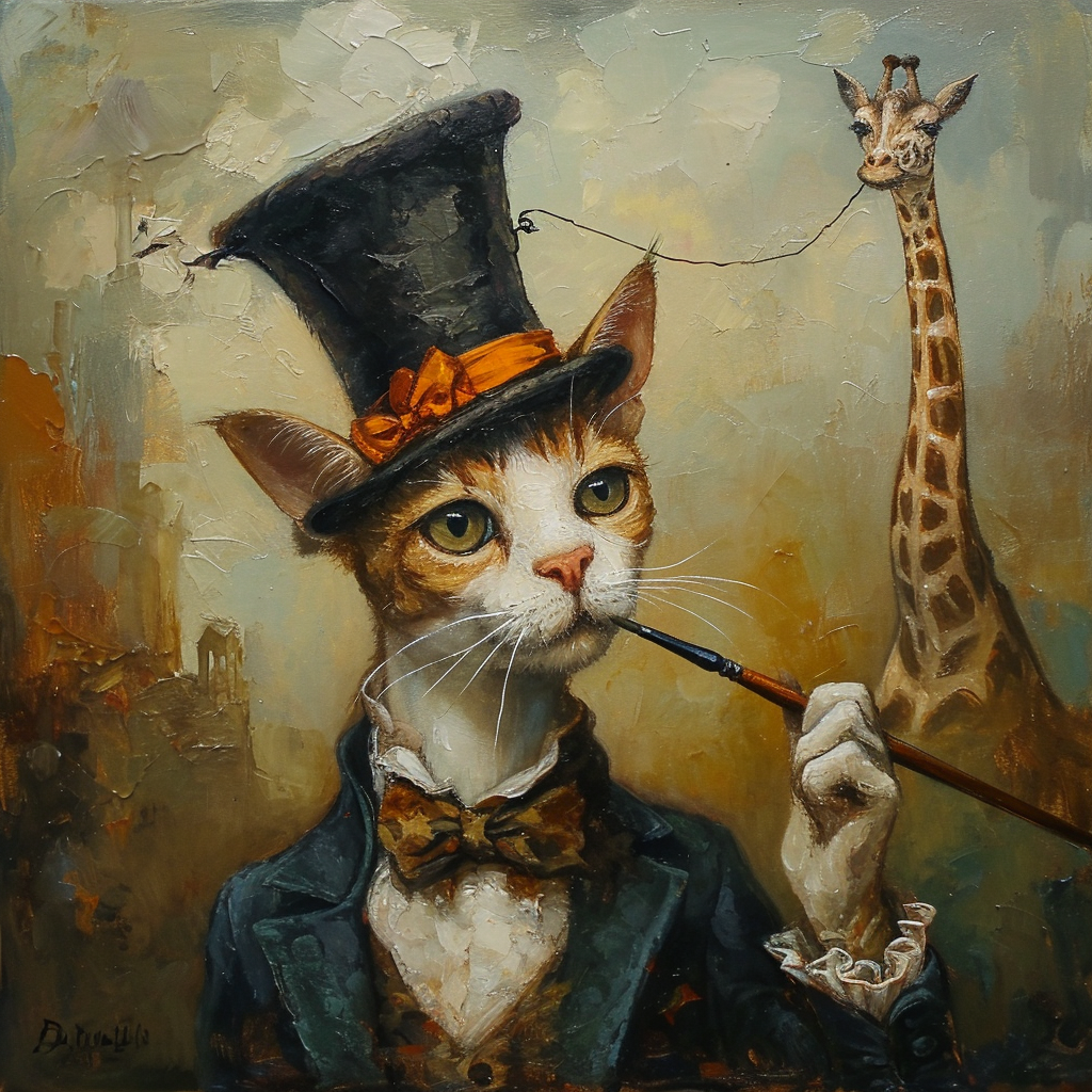 Artistic cat painting a giraffe