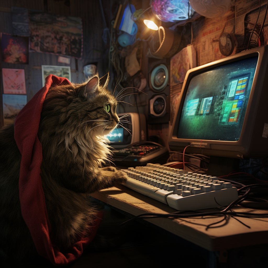 Cat playing computer games in basement