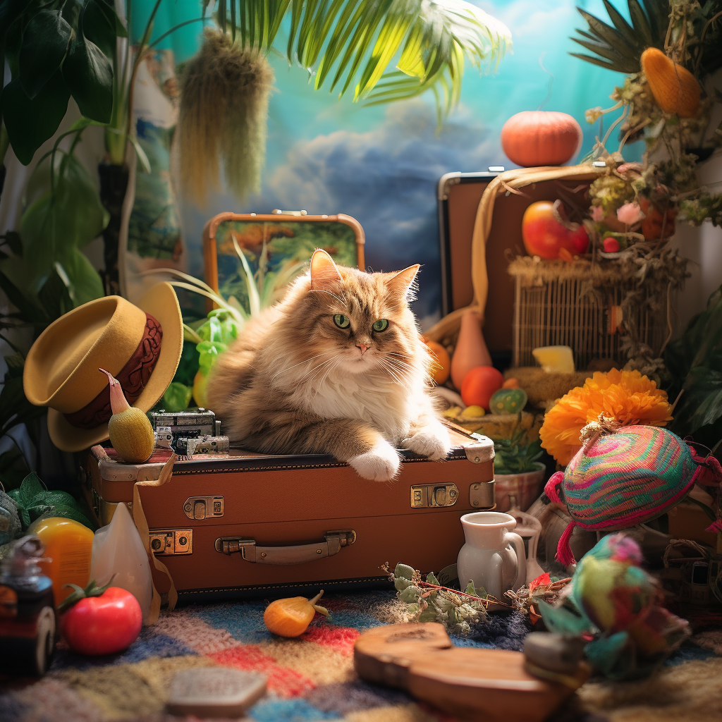 Cat playing with toys and luggage