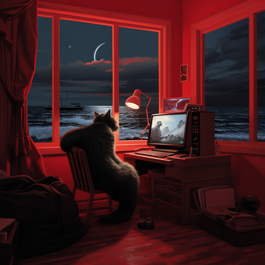 Cat playing video game in red room with sea view