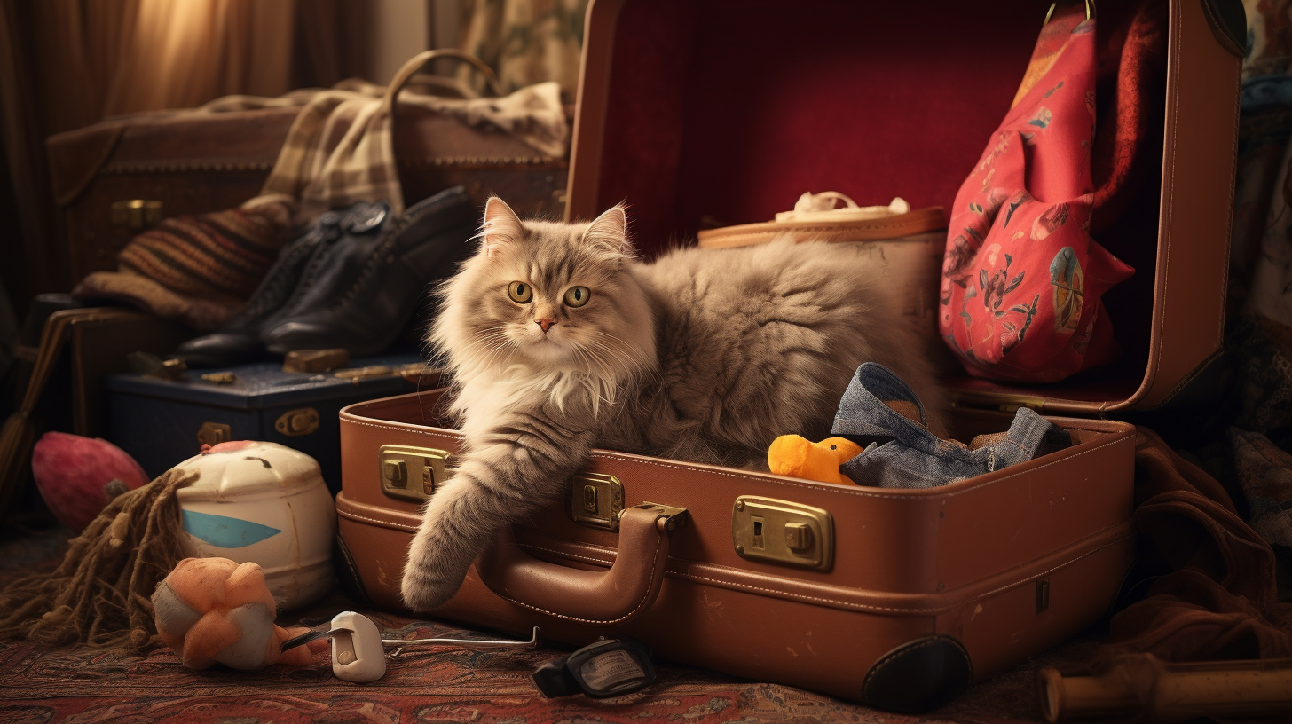 Cat playing with toys and luggage