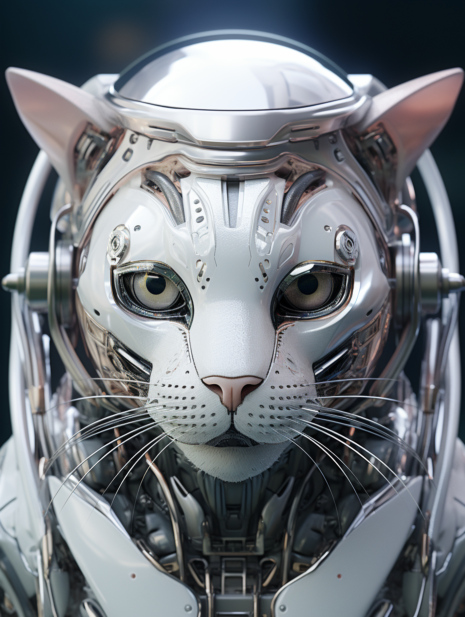 Detailed portrait of a cat robot with transparent skin