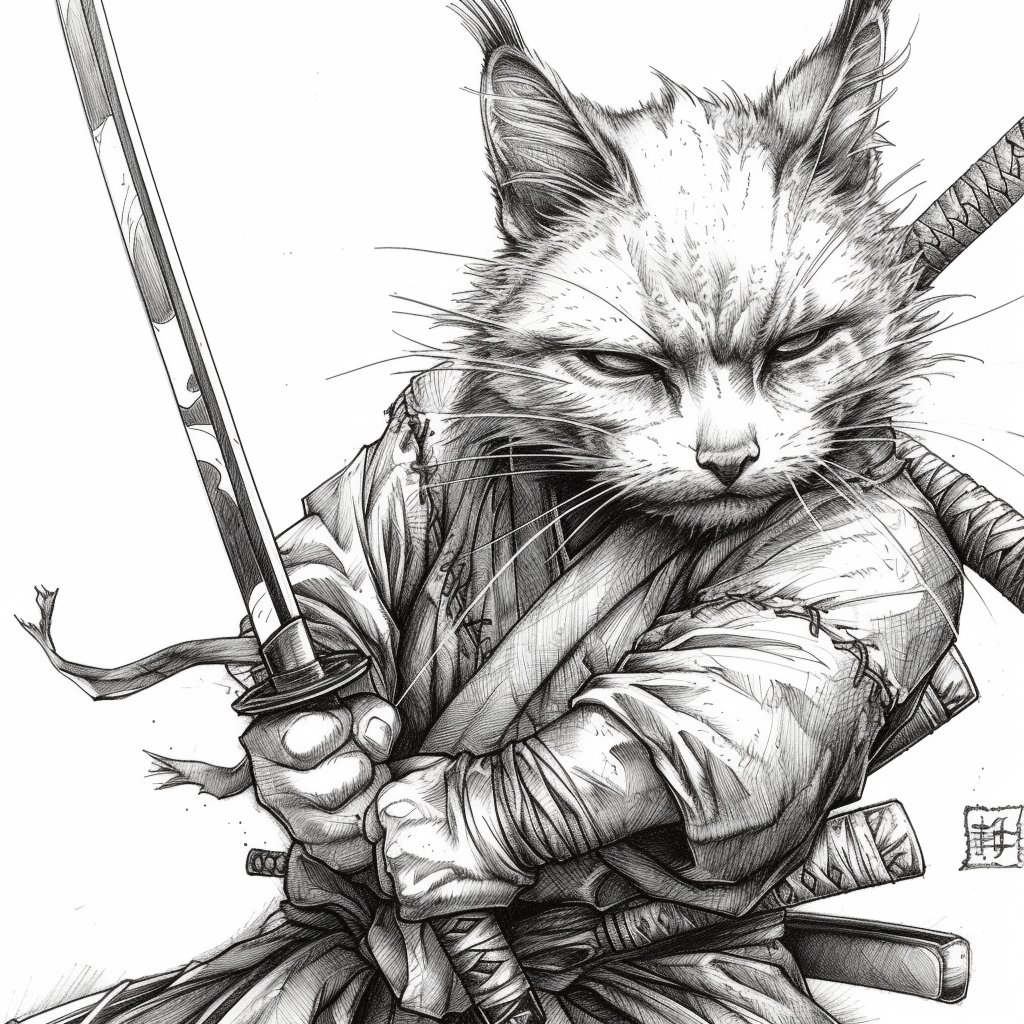 Black and white cat samurai tattoo sketch