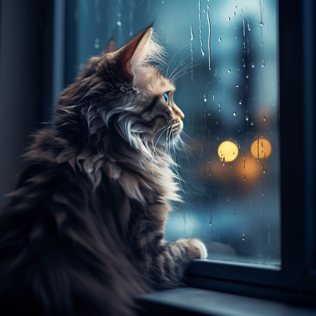 Cat sitting by the window watching rain