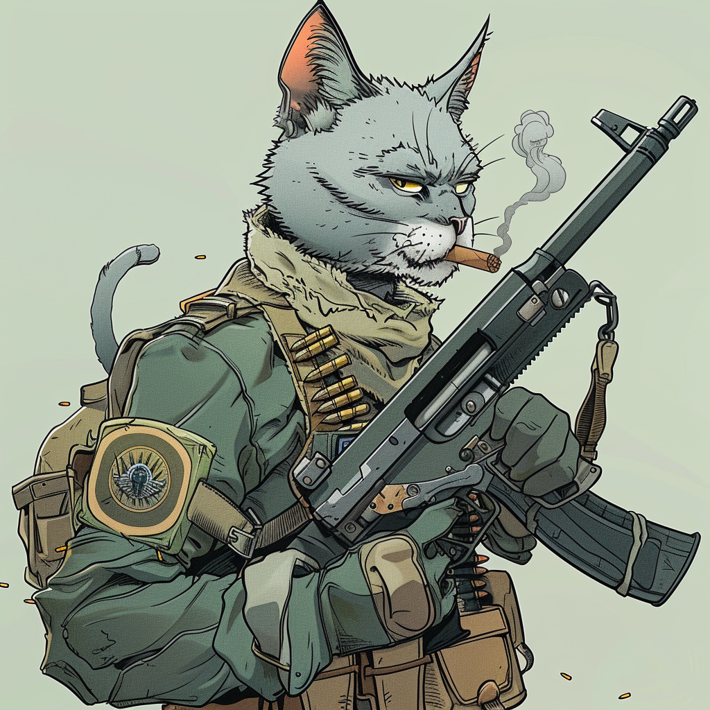 Cartoon cat soldier with machine gun