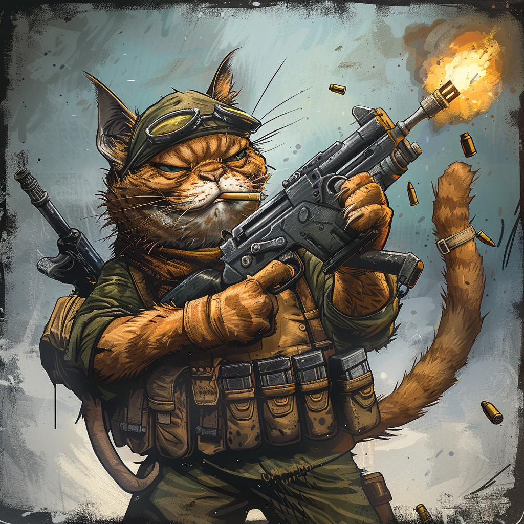 Cat soldier with machine gun