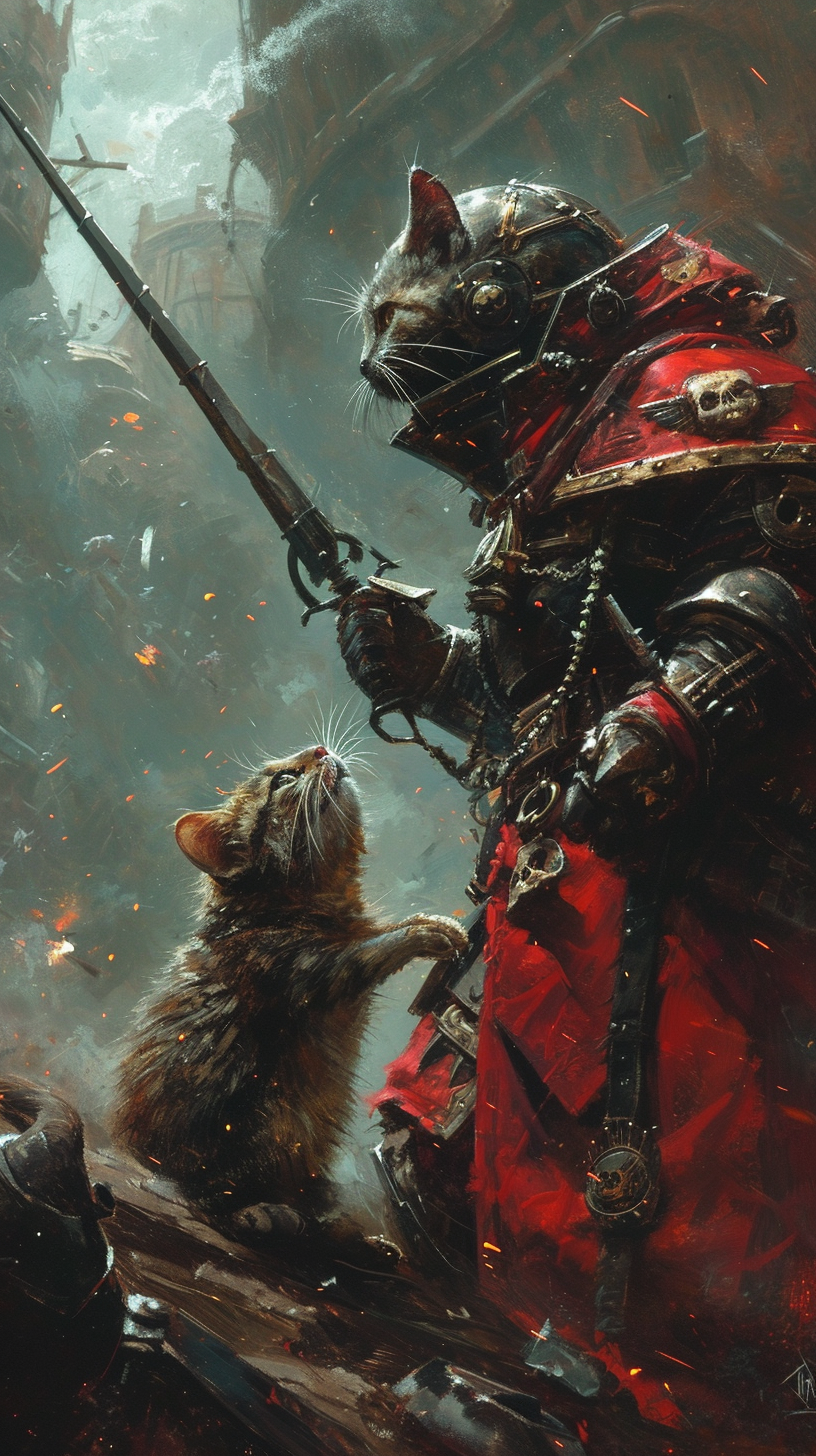 Cat in Space Marine Armor vs Gigantic Rat Chaos Demon