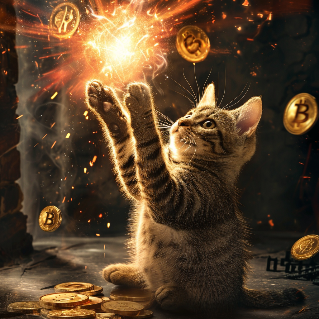 Cat summoning life with paws and Bitcoin