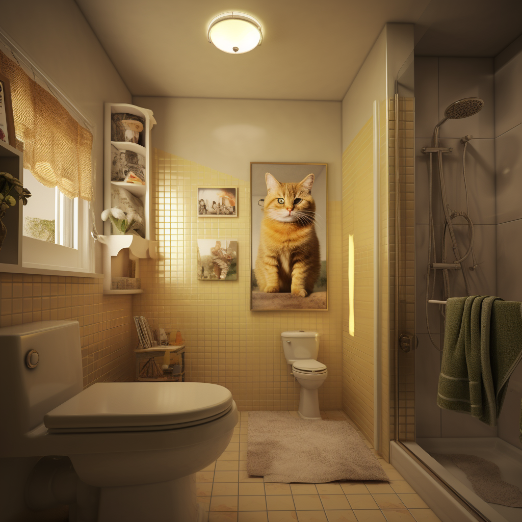 Cat-themed bathroom design with cabinets, tile, and walls