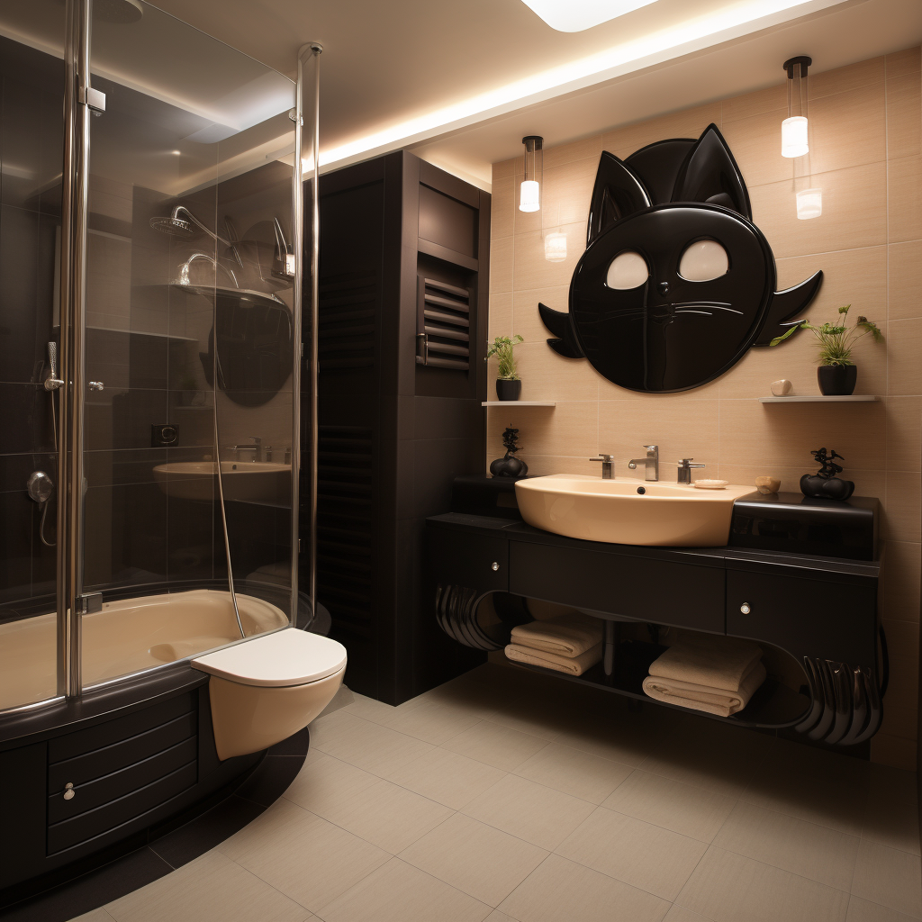 Cat-themed bathroom design with cabinets