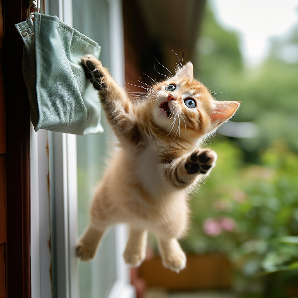 Cat thief with bag of treasure jumping from window