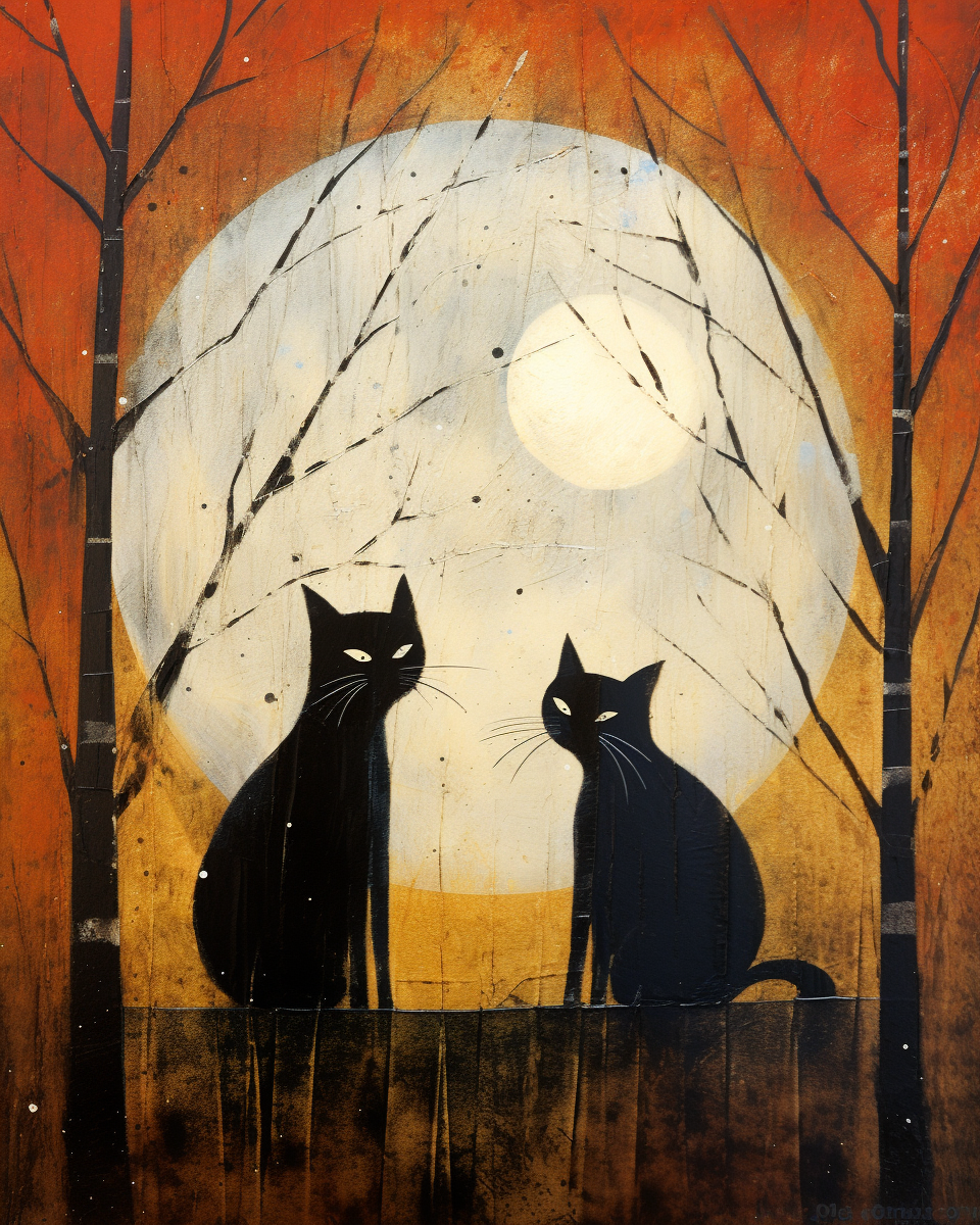 Two cats in a tree watching the moon