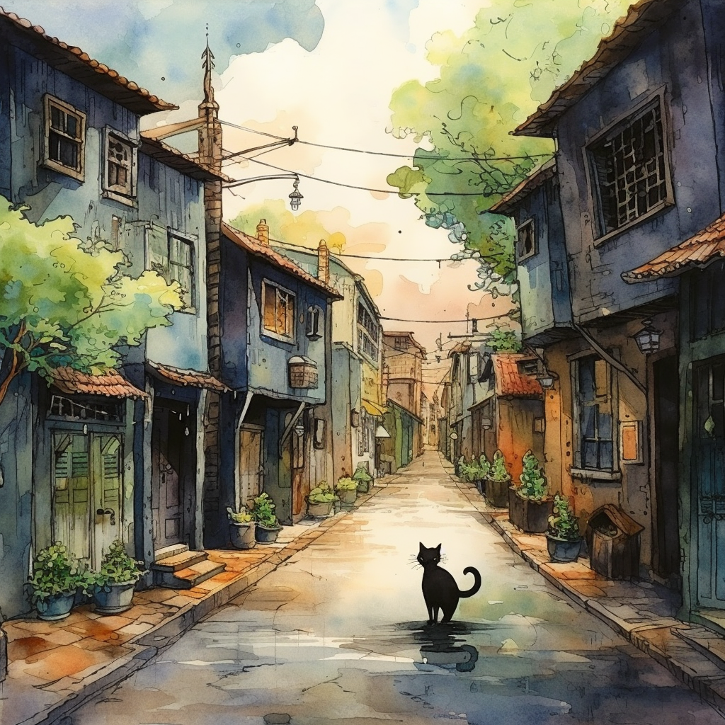 Cat walking in Studio Ghibli watercolors