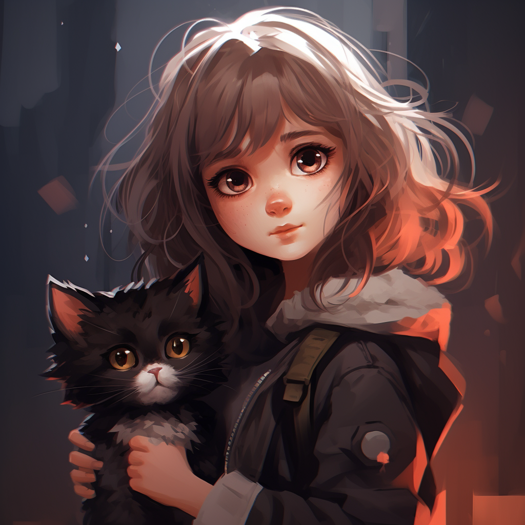 Cute cat with big eyes being pondered by a girl