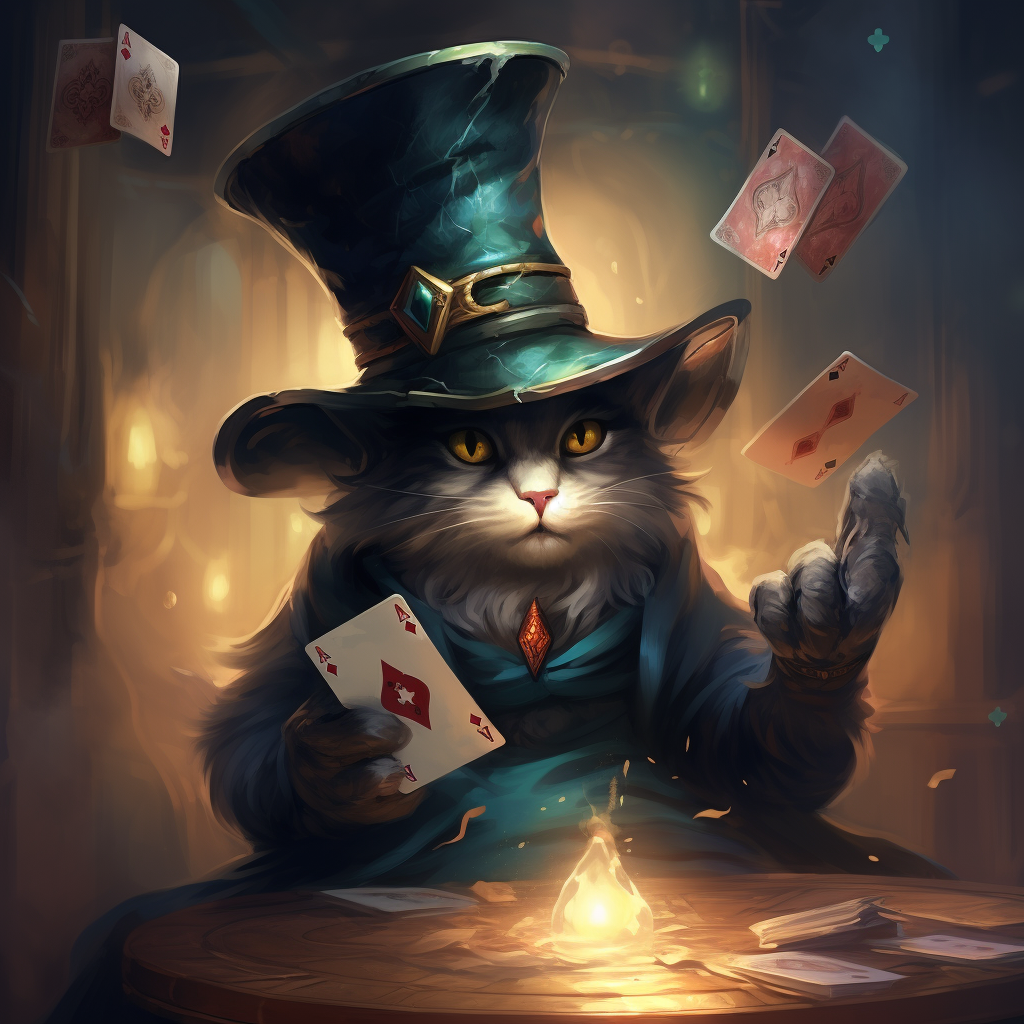 Magical cat wearing wizard hat throwing cards