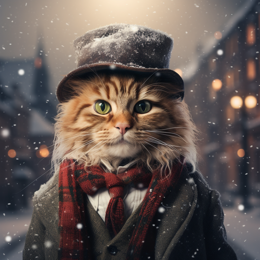 Cat with snowy background on Christmas card