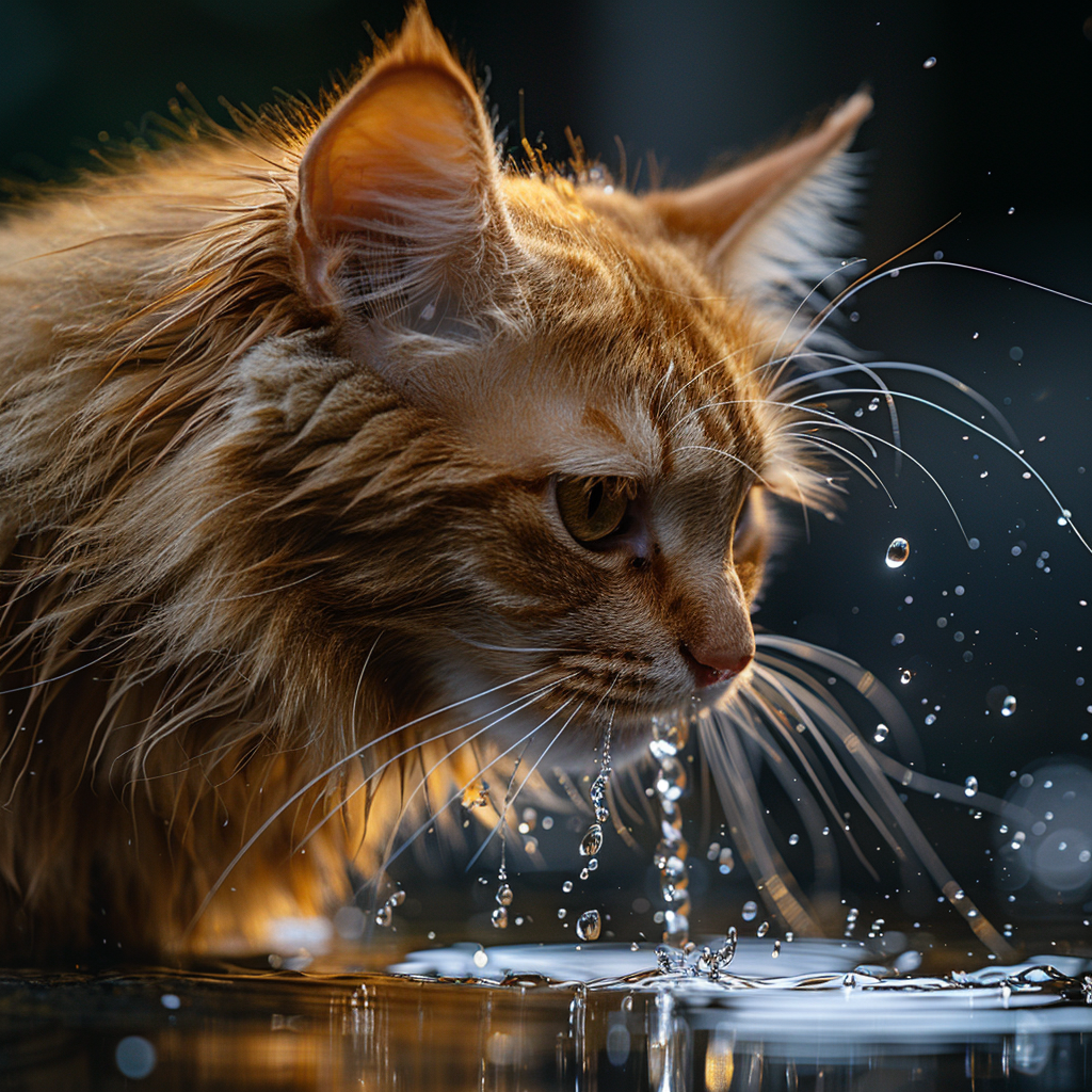 Cat drinking water with catnip spray