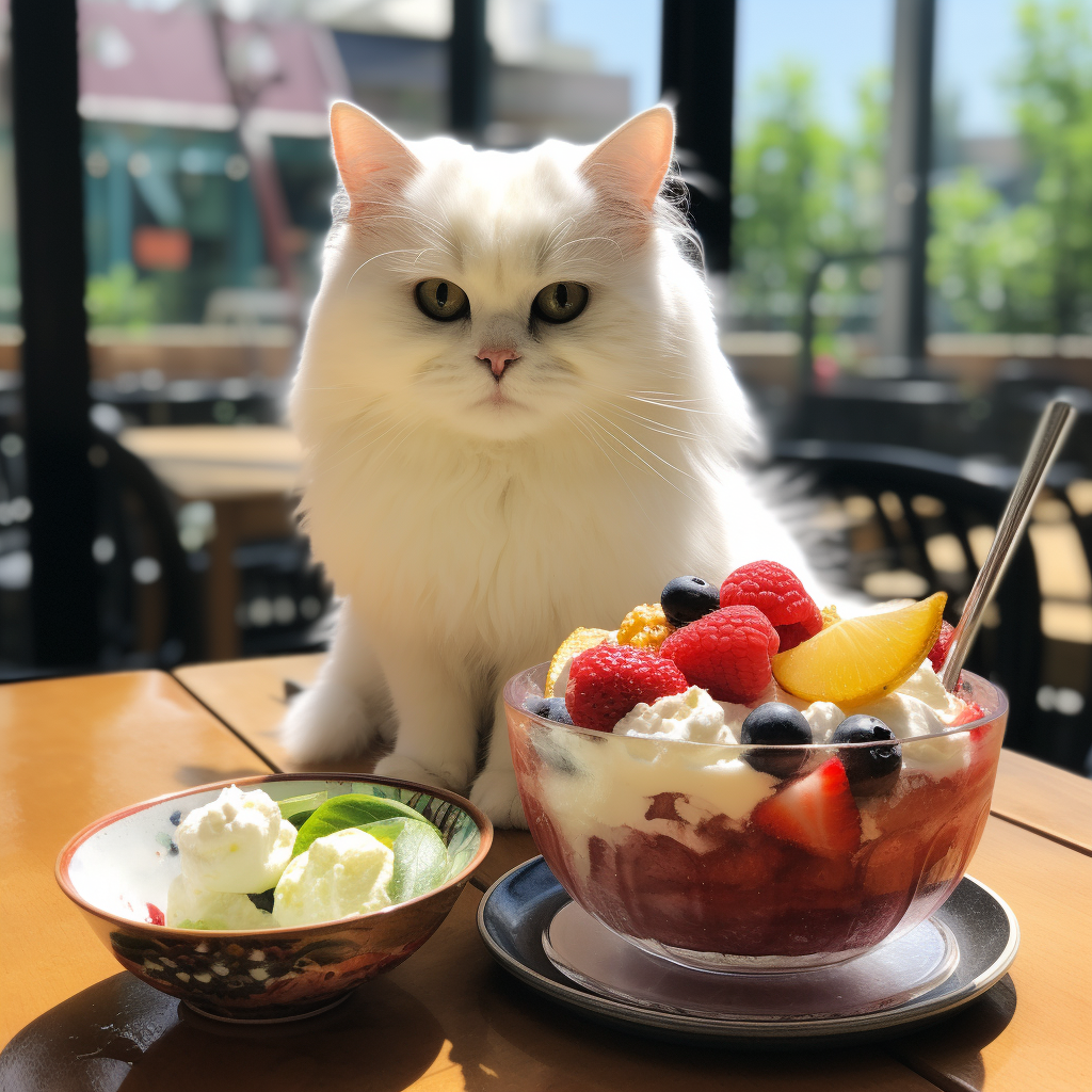 Cat enjoying fruit patbingsu on glass table on patio