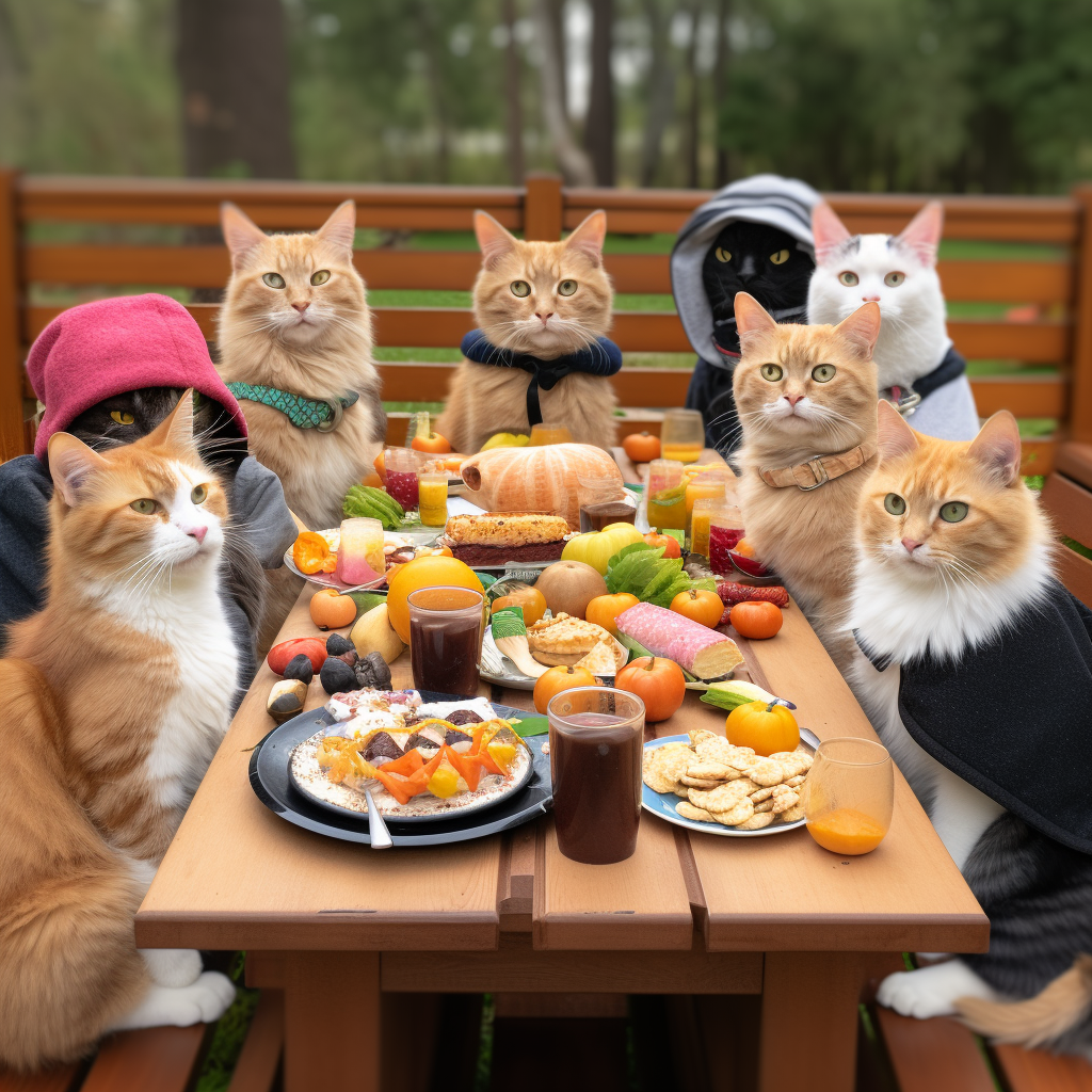 Group of Cats Enjoying Picnic Table Food