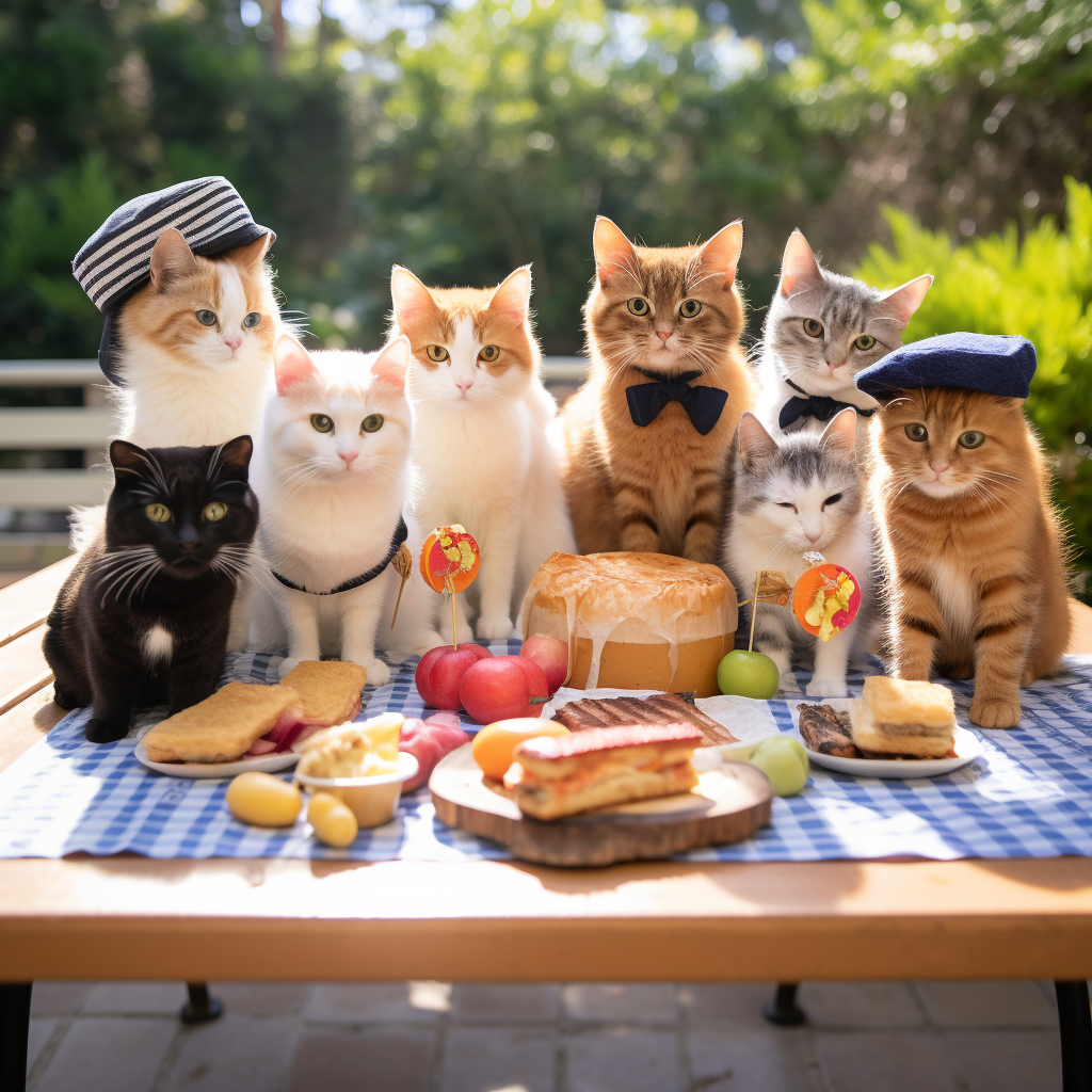 Group of Cat Friends Enjoying a Picnic