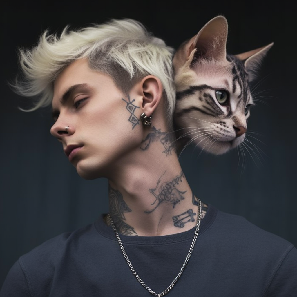 Male image with cat fur and tattoo makeup